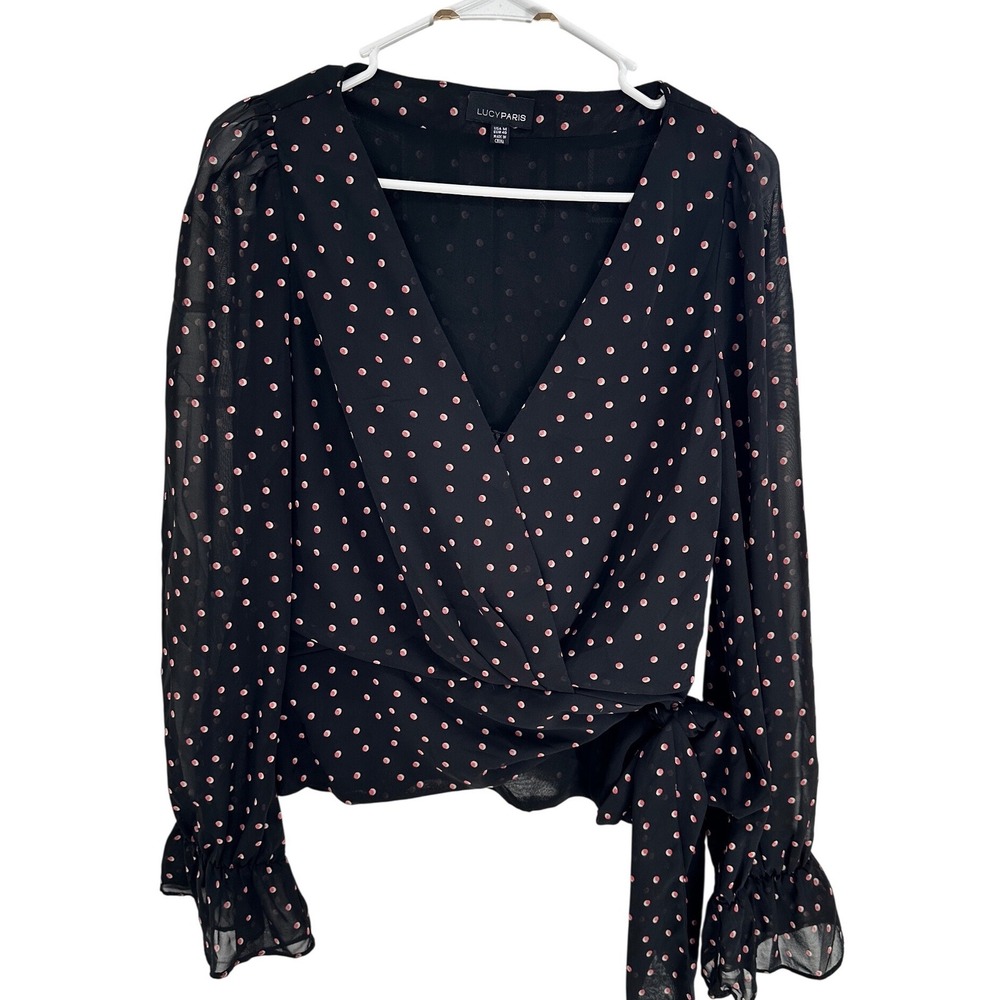 LUCY PARIS Black Red Polka Dot‎ Sheer Wrap Blouse Shirt Women's Size M